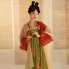 Vêtements ethniques Robe Hanfu Broderie de style chinois Chemise rouge en soie Jupe verte Banquet de la dynastie Tang Vient des tenues de danse classique DQL7454 G230428