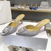 Pointed slippers women fashion designer shoes satin rhinestone square buckle decoration 7.5cm high heels empty toe sandals casual party and banquet slipper