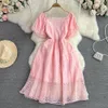 Forester francés Primer vestido de amor Vintage Gentle Style Super Fairy Small Fresh Square Neck Bubble Maneave Wisting A Line Vestido