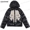 Piumino da uomo Parka invernale Parka con cappuccio Giacche Y2K Grunge Streetwear Hip Hop Ricamo Teschio Scheletro Addensare Bolla calda Zip Up Emo Cappotti imbottiti T230512