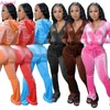 Zweiteilige Damenhose Adogirl Solides Samt Zweiteiliges Set Damen Outfits Trainingsanzug Reißverschluss Langarm Kapuzenpullover Top Schlaghose Jogger Anzug T230512