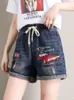 Women's Shorts Women's Denim Shorts Loose Embroidery Pattern Wide Short Elastic Waist Summer Shorts Jeans Clothing for Women 4xl 5xl 230512