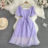 Forester francés Primer vestido de amor Vintage Gentle Style Super Fairy Small Fresh Square Neck Bubble Maneave Wisting A Line Vestido