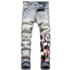 Herren Jeans Herren Retro Blau Muster Druck Bemalt Männer Streetwear Baumwolle Denim Hosen Knöpfe Löcher Zerrissene Distressed Hosen