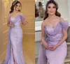 Saudi Arabia Lilac sjöjungfru Prom Party Dress One Shoulder Gleats Side Slit Sequined Long Women Evening Formal Glows Robe de Soiree Anpassad