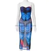 Kvinnors tvåbitar byxor Adogirl Butterfly Tryck Tvådelat klänning Kvinnor Sexig stropplös snörning Korsett Topp Sheer Mesh Midi kjol Fashion Clothing Suit T230512