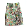Skirts Spring Green Floral Women Summer Vintage Straight Knee-Length Office Lady Elegant Fashion Style Female Clothing