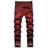 Heren jeans heren tie kleurstof broek streetwear baksteen rood slank fit rechte high street mannelijke stretch denim broek man hip hip hiphop