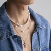 Anhänger Halsketten Salircon Mode Imitation Perle Perlen Halskette Für Männer Exquisite Strass Kreuz Punk Trend Schmuck