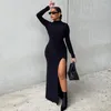 Casual Dresses Zabrina Maxi Dress Women Long Sleeve Chain Slit Bodycon Party Club Elegant 2023 Autumn Winter Sexy Backless Black Outfit