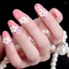 Falska naglar DIY Fashion Flower Design Lång storlek Oval Pink Gradient Nail Art Tips med limflickor 3D Shining Rhinestone Fake