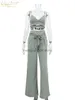 Calças de duas peças femininas clacive Sexy Wide Trouser Suits Crop moda Top Palazzo Pants Duas peças Conjunto feminino Bandagem casual High Wassit Pants Set feminino T230512