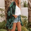 Chemisiers pour femmes Chemisier en mousseline de soie Feuilles Imprimer Plage Kimono Tops Cardigan Châle Haut ample Ouvert Devant Outwear Demi Manches