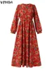 Casual Dresses 2023 Vonda Party Dress Women Autumn Bohemian Long Sleeve Pleated Maxi Robe Loose Floral Printed O Neck Holiday Vestidos