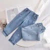 Jeans Girls Jeans Strawberry Brodery Baby Girls Blue Jeans Spring Autumn Denim Pants Kid Girls Fashion Casual Clothes Trousers 230512