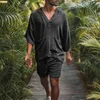 Heren tracksuits Mens Summer Fashion Losse massief linnen materiaal Casual tweedelig set halve mouw vneck top dagelijkse casual shorts pakken 230511