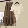 Two Piece Dress Women's Dress Suit Spring/Summer Fashion Short Sleeve TopMesh Half Midi Skirt Two Piece Korean Elegant Short Set 230512