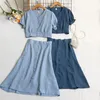 Two Piece Dress Summer Dress Sets Twomen Two Piece Short Puff Sleeve Crop Tops with Skirts Suit Solid Csaual Female Clothing Vintage Outfits 230512