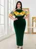 Dresses Velvet Dresses Plus Size Dark Green Halter Off Shoulder Printed Ruffels High Wait Long Outfits for Women Evening Event Party 4XL