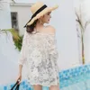 Maillots de bain femme été manches 3/4 Crochet dentelle Cardigan ouvert devant transparent brodé Floral Kimono couvrir Boho haussement d'épaules femme