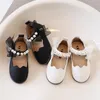 Flat Shoes Girls Pearl Strap Mary Jane för Bridal Wedding Wave Riband Princess Kids Baby Toddler Single