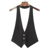 Femmes Gilets Femmes Solide Halter Neck Dos Nu Avec Ceinture Auto-cravate Au Dos Boutonné Entièrement Doublé Gilet Gilet Débardeur Style D'affaires