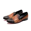 British Style Night Club Round Toe Flats Shoes Rivet Patchwork Casual Shoes Fashion Cow Leather Man Prom Loafers Shoes