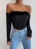 Dames t shirts IDRESS sexy off schouder dames faux bont veer lange mouw crop top black blouses chic fashion feest backless strapless