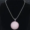 Pendant Necklaces Round Stainless Steel Natural Stone Women Pink Silver Color Big Long Necklace Jewelry Acier Inoxydable Bijoux N4502S04