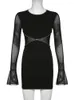 Casual Dresses Gothic See Through Mesh Patchwork Flare Sleeve Long Maxi Dress Women Sexy Strap Club Party 2023