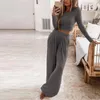 Womens Two Piece Pants Elegant Rib Knitted Women Homewear Casual O-Neck Tops And Wide Leg Suits 2023 Spring Solid Sets Female Pajamas