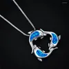 Collares pendientes Lindo collar de tres delfines Blanco Azul Ópalo Piedra Animal Vintage Oro Plata Color Cadena para mujer