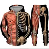 Herrespår skalle skelett 3d trycker mäns hoodie casual spårdräkt varma blixtlåsjackor svettbyxor sportkläder två bitar set manlig