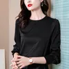 여자 블라우스 셔츠 2023 자카드 실크 여자 새틴 긴 소매 여자 빨간 상판과 버튼 blusas para mujer