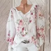 Kvinnors blusar Boho Lace Up Shirts Floral Long Sleeve Workout Elegant V Neck Loose Pullover Tops Oversize Office Blusa Mujer Moda 2023