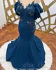 2023 May Aso Ebi Abito da ballo con perline di pizzo Blu navy Sirena da sera in raso Festa formale Secondo ricevimento Abiti da fidanzamento di compleanno Abito Robe De Soiree ZJ199