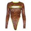 Kvinnors jumpsuits rompers kvinnor leopard långärmad bodysuits ihåliga sexiga bodycon mager vintage jumpsuit turtleneck playsuits