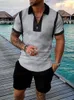 Men's Polos Retro Printed Two Piece Set Men Seaside Holiday Outfits Mens 2023 Summer Casual Short Sleeve Lapel Zipper Tops And Shorts Suit