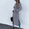 Wełniane mieszanki wełny retro Lady Houndstooth Lady Houndstooth Winter Lapel Casual Loose Płaszcz Autumn Fashion Belted Overcoat Jacket Street