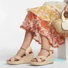Sandali con zeppa in paglia da donna Tacchi estivi Punta aperta Cinturino incrociato Scarpe casual da spiaggia all'aperto 35-40 taglie