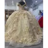 Champagne Gold Quinceanera Dresses Gillter off shoulder 3D Floral Lace-up Corset Cathedral Train Prom Vestidos de 15 aNos