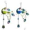 Decorative Objects Figurines 2 Pcs 3D Rotating Wind Chimes Peacock Shape Metal Crafts Painted Ornaments Creative Bell Pendants Gre Dhebs