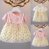 Mädchen Kleider Sommer Polka Dot Blume Mesh Spleißen Baby Kurzarm Prinzessin Kleid Pullover Mädchen