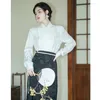 Work Dresses Autumn Clothes For Chinese Vintage Women Two Piece Outfits White Jacquard Satin Blouse Top Black Skirt Sexy Elegant Set