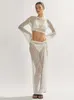 Abito a due pezzi See Through Set di gonne lavorate a maglia con lacci per le donne Backless manica lunga Crop Top Split Suit Summer Beach Outfit 230512