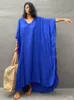 Swimwear 2023 Bleu massif plus taille longue kaftan décontractée vneck robe d'été maxi robe femme vêtements plage de sel