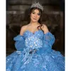 Abiti da quinceanera in cristallo a maniche lunghe blu ghiaccio gillter con spalle scoperte Fiori 3D stringati Corsetto da ballo Abiti Para XV Anos