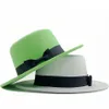 Todo Vintage ala ancha Unisex lana Artificial parte superior plana Boater mujeres verde lima sombreros Fedora sombrero de fieltro con cinta de lazo Band226k