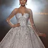 Glitzernde Ballkleid-Hochzeitskleider mit langen Ärmeln, V-Ausschnitt, Pailletten, Applikationen, Rüschen, Brautkleider, Perlen, 3D-Spitze, Diamanten, Übergröße, formell, nach Maß, Vestido de Novia