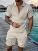 Erkek Polos Retro Baskılı İki Parçalı Set Erkek Seaside Tatil Kıyafetleri Mens 2023 Yaz Günlük Kısa Kollu Yaka Fermuar Üstleri ve Şort
